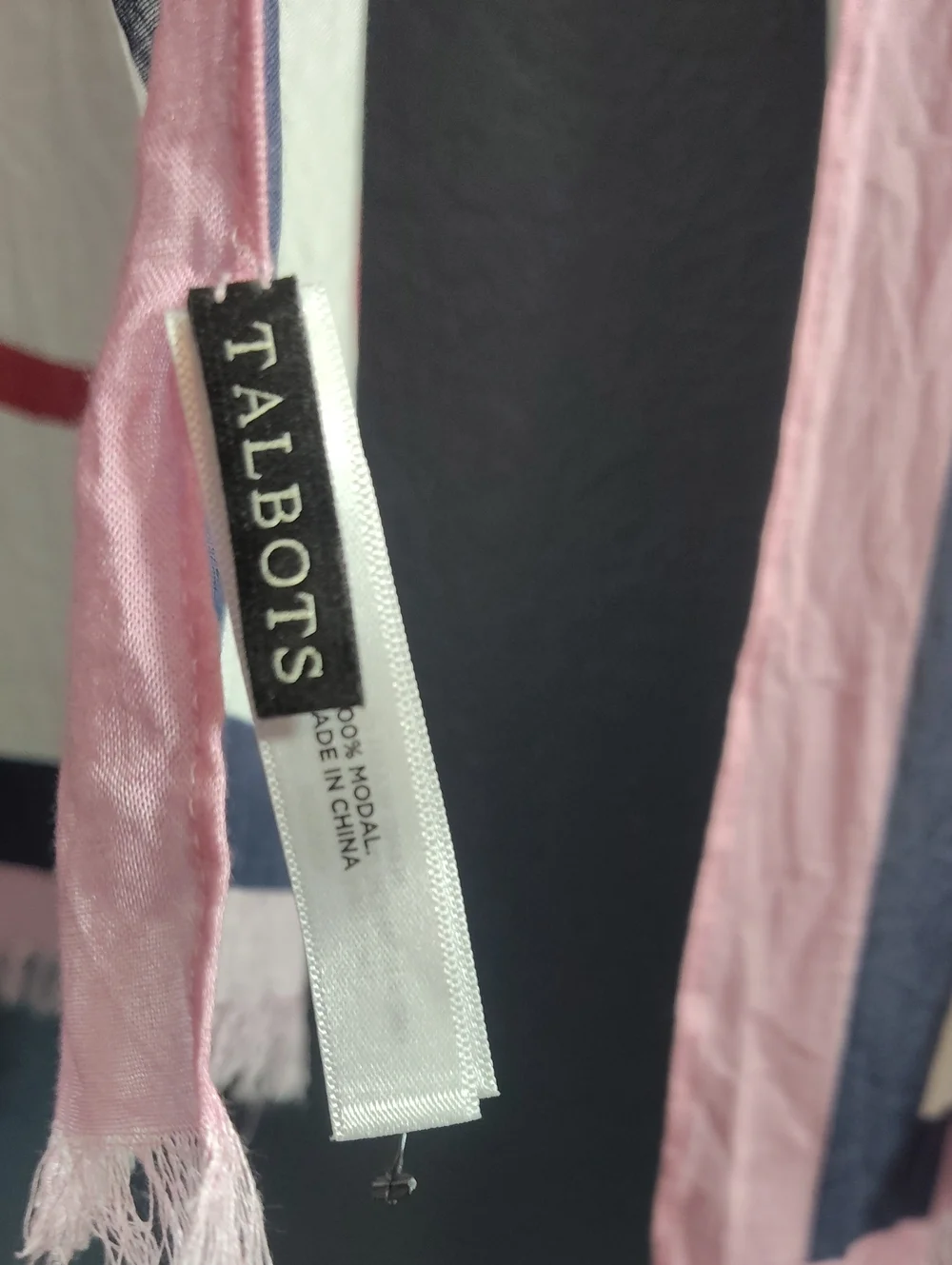 Talbots Pink, White & Navy Modal Lightweight Rose Heart Love Scarf with Fringe